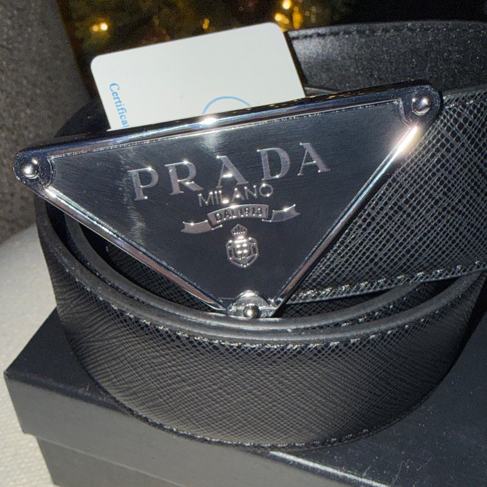 Prada Black Leather Belt with Silver Buckle - Picture 2 of 3
